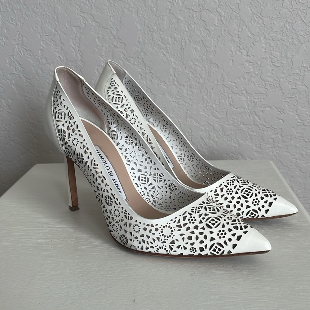 Manolo Blahnik BB Laser-Cut White Patent Pump 38